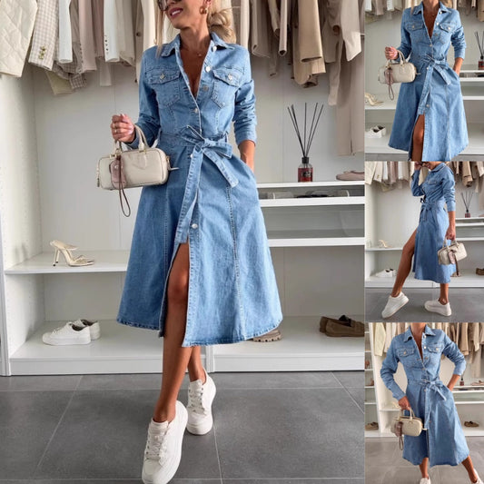 🔥  LETZTER TAG VERKAUF 50% RABATT🔥👗Damen-Jeanskleid mit Knopfleiste und langen Ärmeln