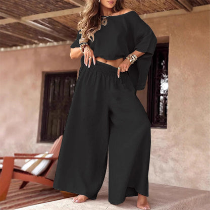 💕 Lässiges schulterfreies Damen-Top und Hose mit weitem Bein, zweiteiliges Set