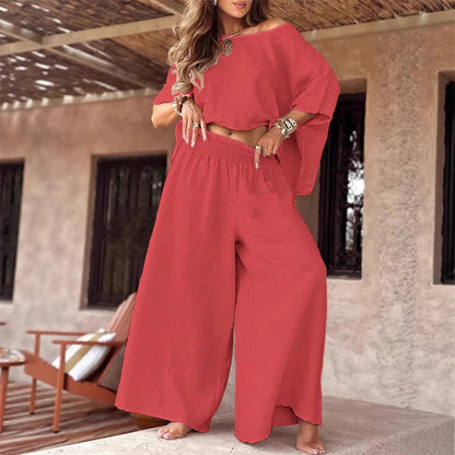 💕 Lässiges schulterfreies Damen-Top und Hose mit weitem Bein, zweiteiliges Set