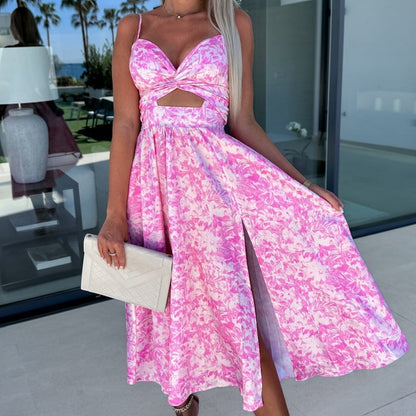 Rosa ärmelloses Kleid mit Blumenmuster, Taillenausschnitt und V-Ausschnitt
