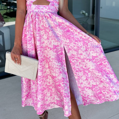 Rosa ärmelloses Kleid mit Blumenmuster, Taillenausschnitt und V-Ausschnitt
