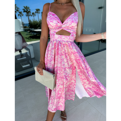 Rosa ärmelloses Kleid mit Blumenmuster, Taillenausschnitt und V-Ausschnitt