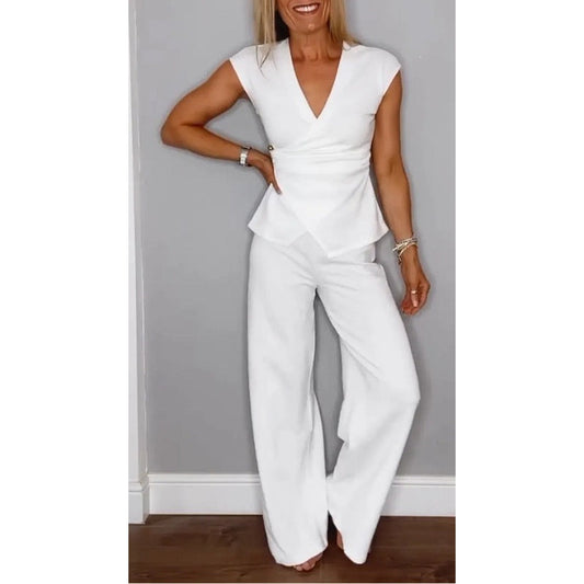 🔥Damen elegantes Set: Oberteil mit V-Ausschnitt und Hose