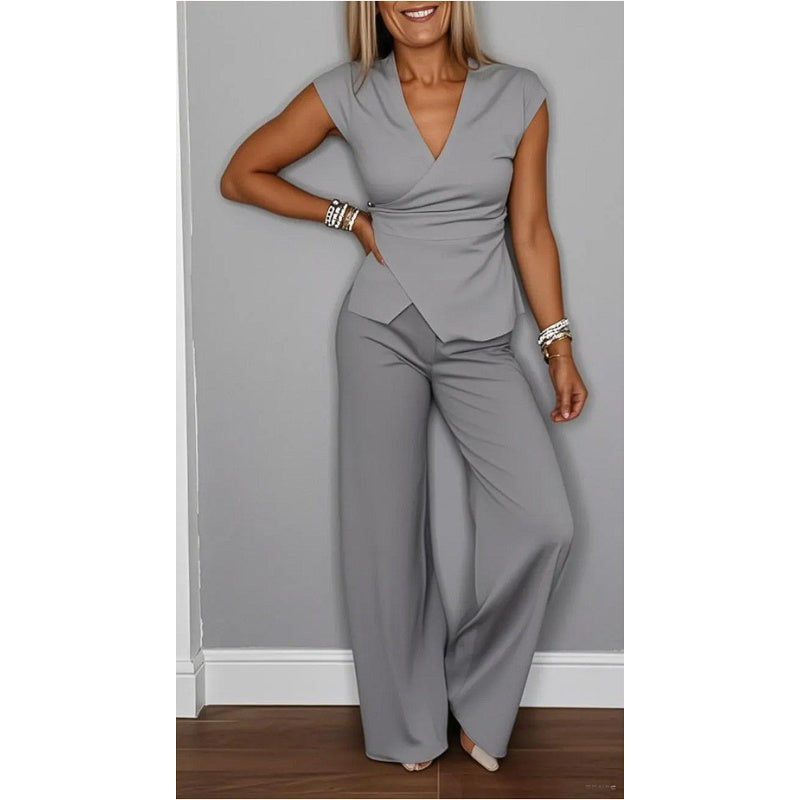🔥Damen elegantes Set: Oberteil mit V-Ausschnitt und Hose
