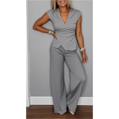 🔥Damen elegantes Set: Oberteil mit V-Ausschnitt und Hose