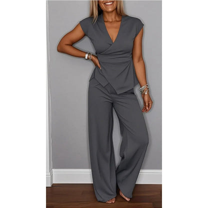 🔥Damen elegantes Set: Oberteil mit V-Ausschnitt und Hose