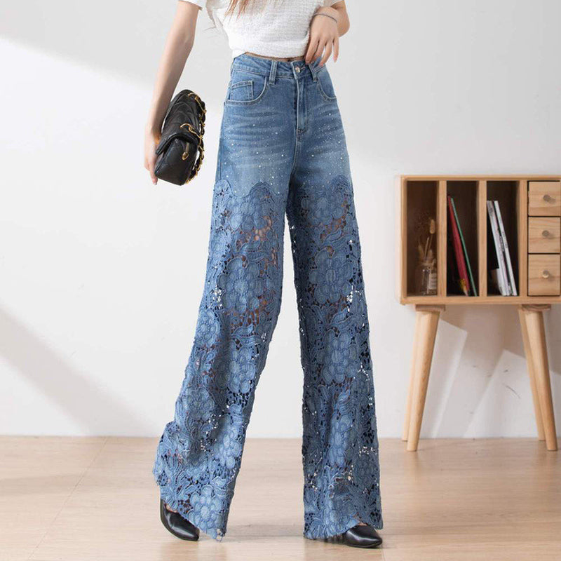 🌸 50% Rabatt auf neue Produkte 💖Damen blaue hochtaillierte Jeans mit weitem Bein, Lochmuster und Spitzeneinsätzen