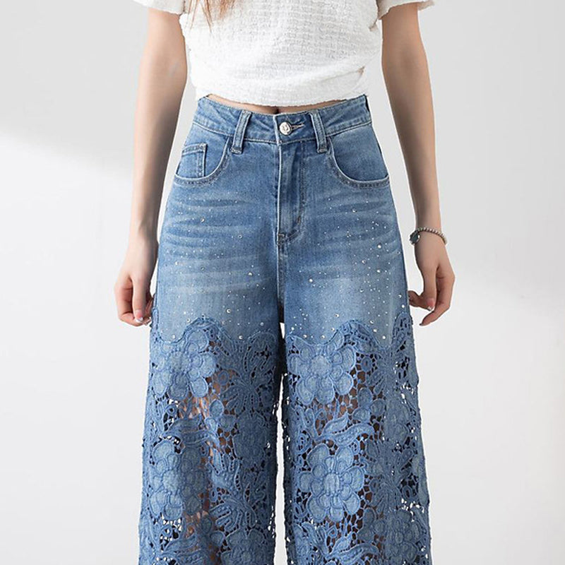 🌸 50% Rabatt auf neue Produkte 💖Damen blaue hochtaillierte Jeans mit weitem Bein, Lochmuster und Spitzeneinsätzen