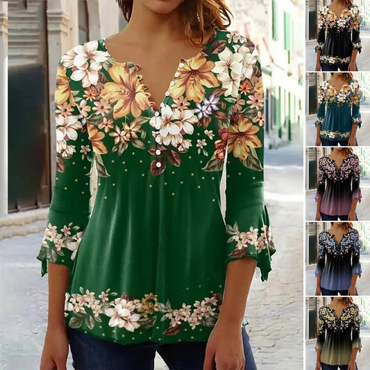 🌸 50% Rabatt auf neue Produkte 💖Damen elegantes Oberteil mit Blumenmuster und V-Ausschnitt