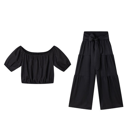 👑Damen zweiteiliges Set: Schulterfreies Oberteil mit Puffärmeln und Weitbeinhose📦Kostenloser Versand🔥