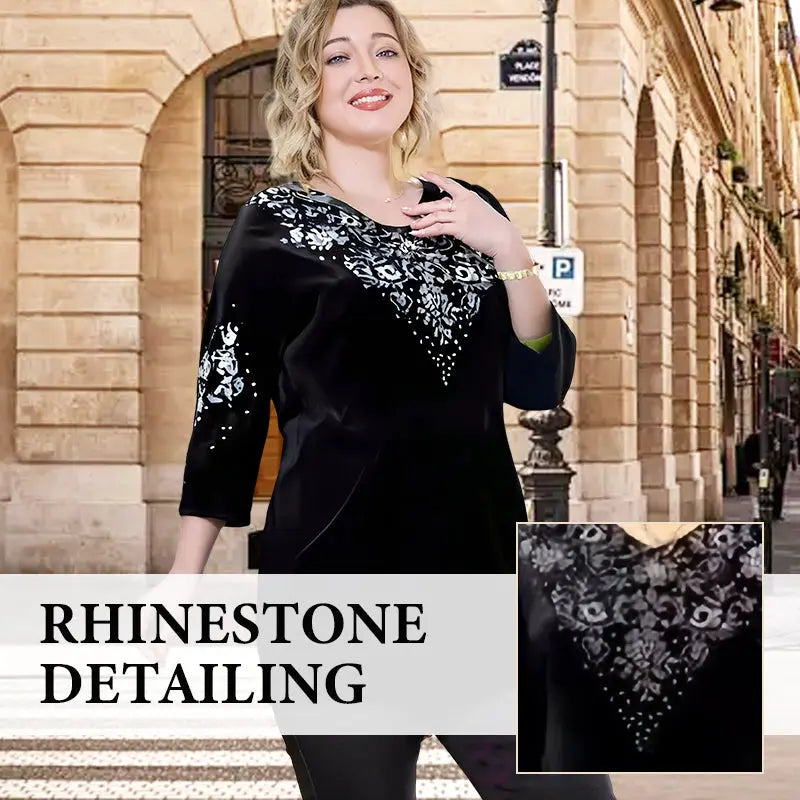 👗✨ Elegantes 2-teiliges Samt-Set mit Kristallverzierungen | Perfekt für Büro, Abendessen & Feiern | Atmungsaktiv & Bequem | In Übergrößen XL-4XL verfügbar 👗💎