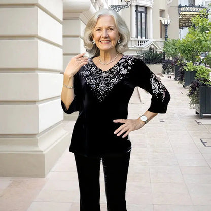 👗✨ Elegantes 2-teiliges Samt-Set mit Kristallverzierungen | Perfekt für Büro, Abendessen & Feiern | Atmungsaktiv & Bequem | In Übergrößen XL-4XL verfügbar 👗💎