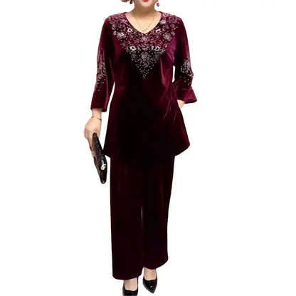 👗✨ Elegantes 2-teiliges Samt-Set mit Kristallverzierungen | Perfekt für Büro, Abendessen & Feiern | Atmungsaktiv & Bequem | In Übergrößen XL-4XL verfügbar 👗💎