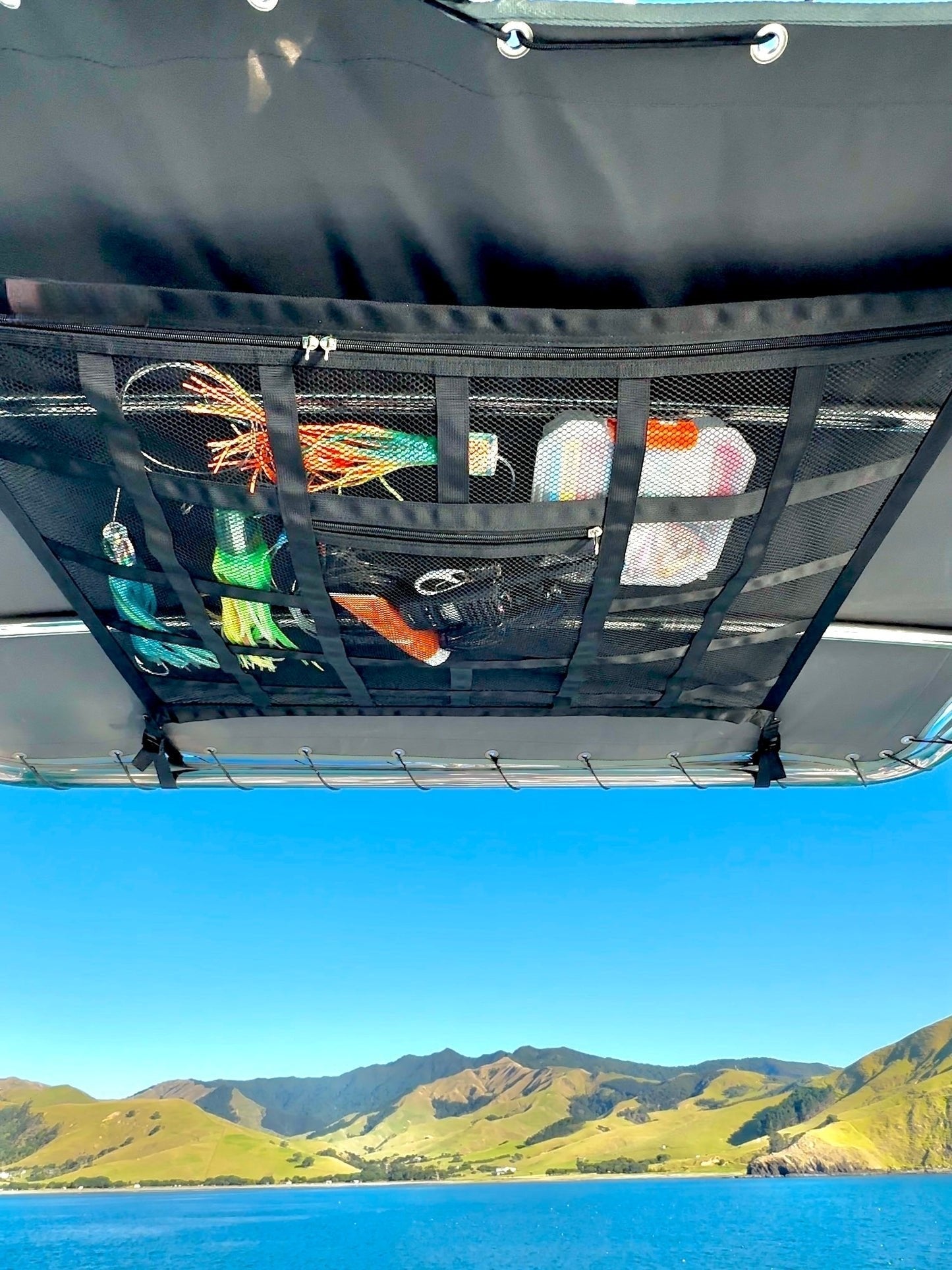 🚤 50% sparen! 🎣 Overhead Mesh Aufbewahrungsnetz – Mehrere Taschen & verstellbar für SUV/Van ✨