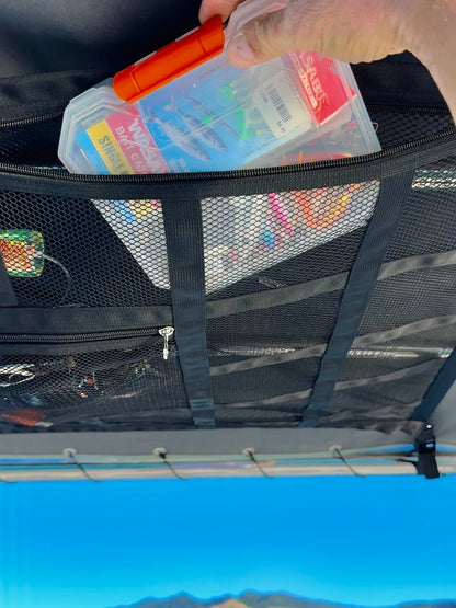 🚤 50% sparen! 🎣 Overhead Mesh Aufbewahrungsnetz – Mehrere Taschen & verstellbar für SUV/Van ✨