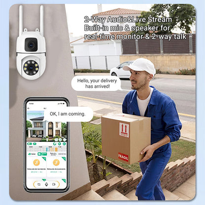 🔍🔍360° Schwenk-Neige 4K Dual-Linsen Sicherheitskamera – Outdoor WLAN Überwachungskamera