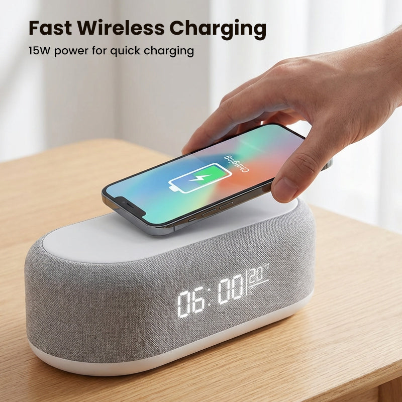 🌞Frühlingserwachen: 50% Rabatt!🔋6-in-1 Kabellose Ladestation 25W – Uhr, Wecker, Bluetooth-Lautsprecher & Nachtlicht | All-in-One für den Nachttisch!