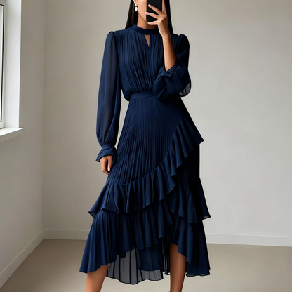 🔥Solange der Vorrat reicht 40 % Rabatt!🎉Damen Plissee-Midikleid mit Volants und Schlüsselloch-Ausschnitt
