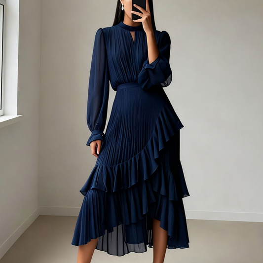 🔥Solange der Vorrat reicht 40 % Rabatt!🎉Damen Plissee-Midikleid mit Volants und Schlüsselloch-Ausschnitt