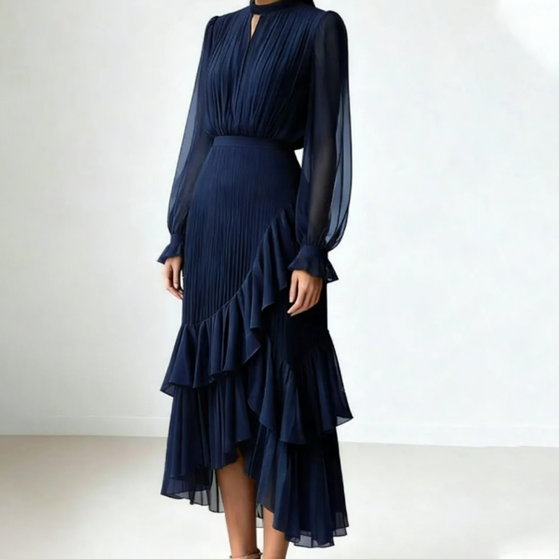 🔥Solange der Vorrat reicht 40 % Rabatt!🎉Damen Plissee-Midikleid mit Volants und Schlüsselloch-Ausschnitt