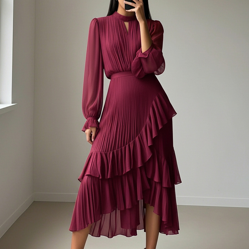 🔥Solange der Vorrat reicht 40 % Rabatt!🎉Damen Plissee-Midikleid mit Volants und Schlüsselloch-Ausschnitt