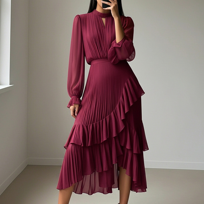 🔥Solange der Vorrat reicht 40 % Rabatt!🎉Damen Plissee-Midikleid mit Volants und Schlüsselloch-Ausschnitt