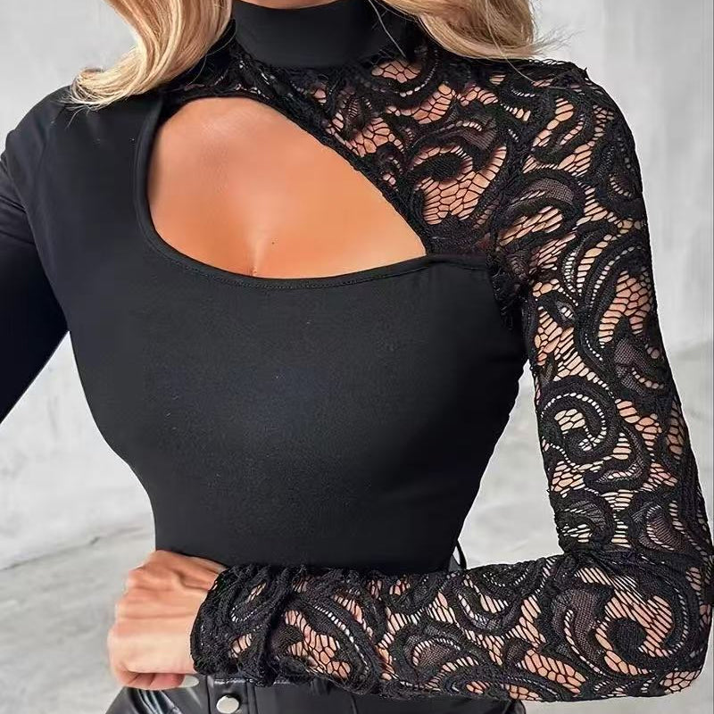 🔈🔈NEU EINGETROFFEN 50% RABATT🌸 Damen-Top mit asymmetrischem Cut-out und Spitzenärmeln👚