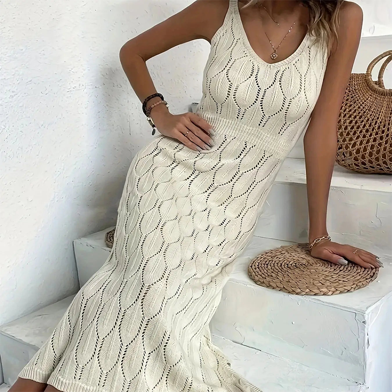 💃🎀 2026 Neu eingetroffen Elegantes Kleid mit V-Ausschnitt & Pointelle-Strickmuster ✨