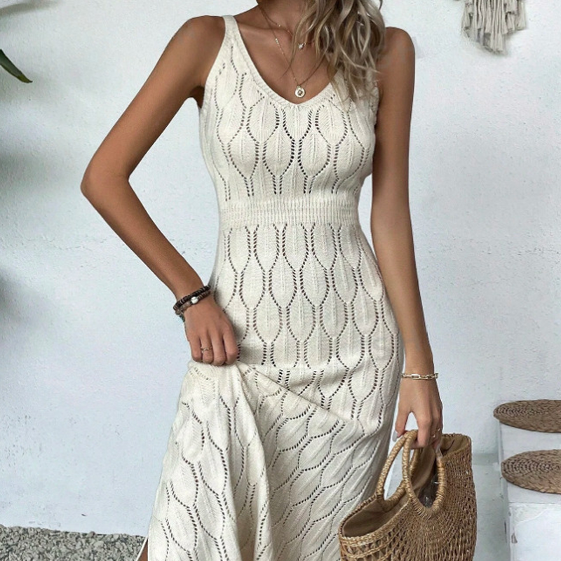 💃🎀 2026 Neu eingetroffen Elegantes Kleid mit V-Ausschnitt & Pointelle-Strickmuster ✨