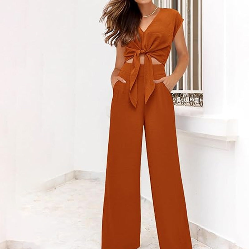 👚 60% RABATT! 💃 Damen V-Ausschnitt Top mit Bindegürtel & Weite Hosen Set – Fließender Stoff, Elastischer Bund & Stylischer Look 🩳