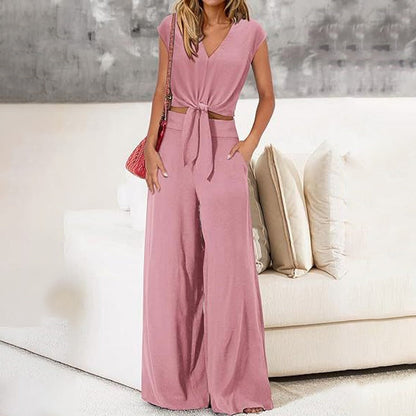 👚 60% RABATT! 💃 Damen V-Ausschnitt Top mit Bindegürtel & Weite Hosen Set – Fließender Stoff, Elastischer Bund & Stylischer Look 🩳
