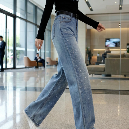 ✨ 2026 Frühling: Damen Weitbein-Jeans mit Strasssteinen – Hoher Bund, Schlankmachend & Funkelnd – Für Alltag & Party, S-2XL