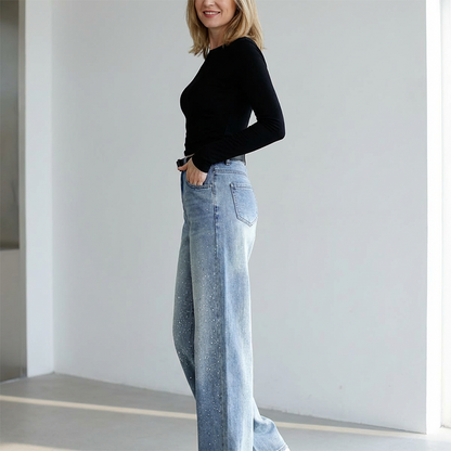 ✨ 2026 Frühling: Damen Weitbein-Jeans mit Strasssteinen – Hoher Bund, Schlankmachend & Funkelnd – Für Alltag & Party, S-2XL