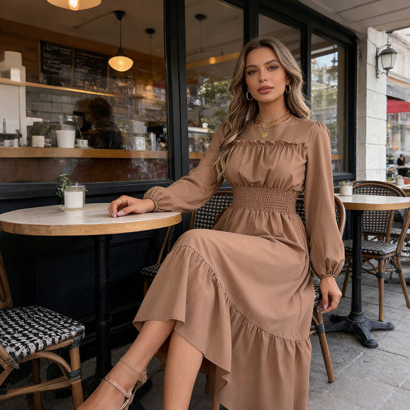 👗Neuheiten 40 % Rabatt!🥰 Damen-Maxikleid mit langen Ärmeln, Smokarbeit und Rüschen