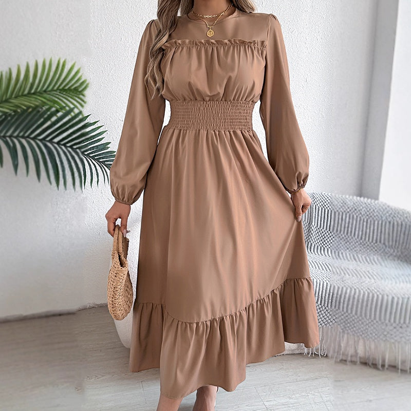👗Neuheiten 40 % Rabatt!🥰 Damen-Maxikleid mit langen Ärmeln, Smokarbeit und Rüschen
