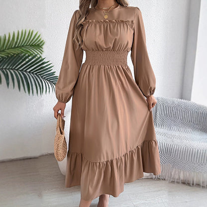 👗Neuheiten 40 % Rabatt!🥰 Damen-Maxikleid mit langen Ärmeln, Smokarbeit und Rüschen