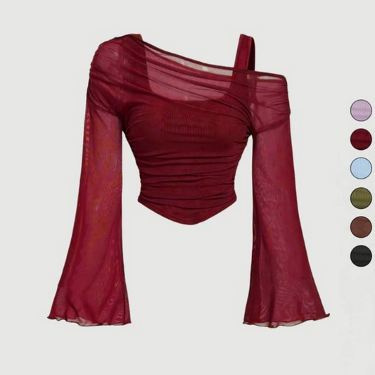 ✨🔥Schulterfreies, gerafftes Netzoberteil mit ausgestellten Ärmeln💞