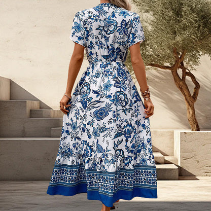 🔥Solange der Vorrat reicht 40 % Rabatt!🎉Blaues langes Kleid mit Blumendruck und V-Ausschnitt und Gürtel