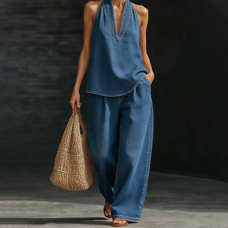🎀🌟 2026 Neuheit – Lässiges Damen-Set: Neckholder-Oberteil & weite Hose ✨💃