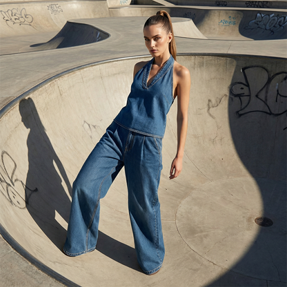 🎀🌟 2026 Neuheit – Lässiges Damen-Set: Neckholder-Oberteil & weite Hose ✨💃