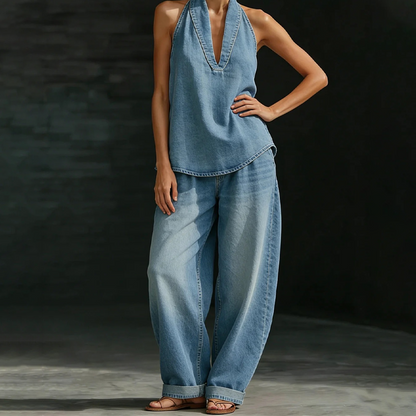 🎀🌟 2026 Neuheit – Lässiges Damen-Set: Neckholder-Oberteil & weite Hose ✨💃