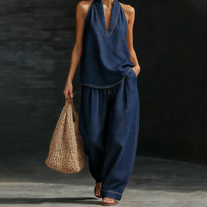 🎀🌟 2026 Neuheit – Lässiges Damen-Set: Neckholder-Oberteil & weite Hose ✨💃