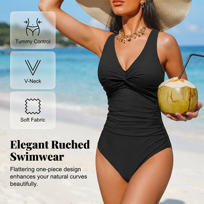 🩱✨ 50% Rabatt! Eleganter Einteiler-Badeanzug mit Bauchkontrolle – V-Ausschnitt & Raffung für eine schmeichelnde Silhouette