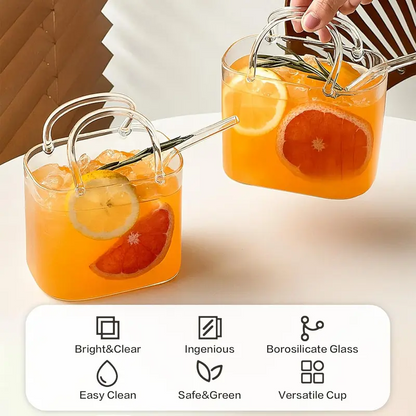 🎀🍹 Modische Glasbecher in Handtaschenform mit Henkeln 🌟 Trendig & Schön
