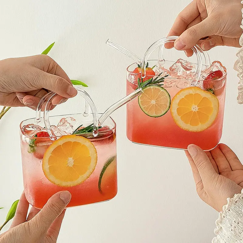 🎀🍹 Modische Glasbecher in Handtaschenform mit Henkeln 🌟 Trendig & Schön