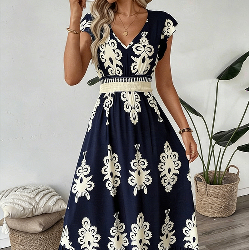 💎 -50% AUF DAS MAXIKLEID! 💎 V-Ausschnitt, Barockmuster & Fließender Stoff für Eleganz ✨