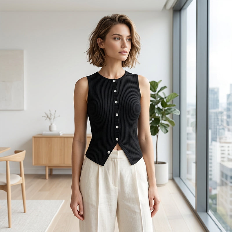 🔥 2026 NEUHEIT ✨ Damen geripptes Strickweste mit Knopfleiste ✨ Ärmelloses Top für jeden Anlass 💛