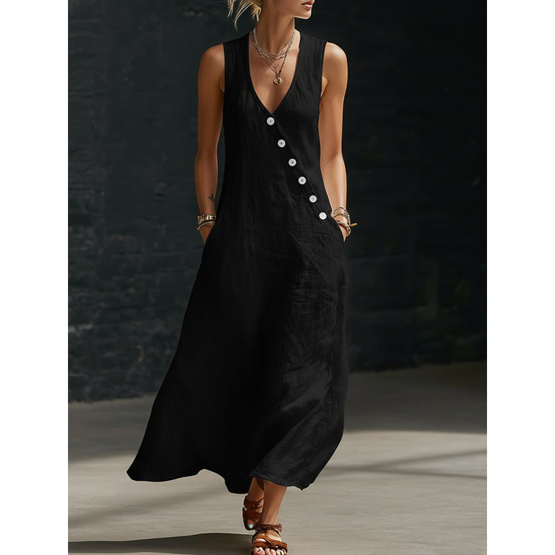 🌟 2026 NEU ✨ Ärmelloses Maxikleid für Damen mit V-Ausschnitt & praktischen Taschen ✨ Leicht & Elegant!
