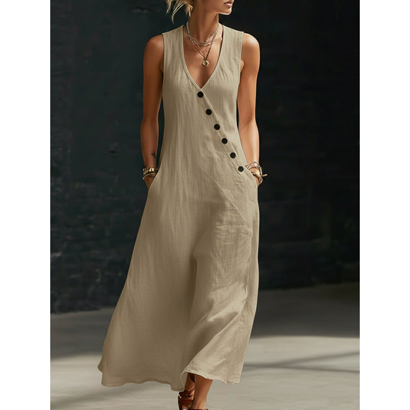 🌟 2026 NEU ✨ Ärmelloses Maxikleid für Damen mit V-Ausschnitt & praktischen Taschen ✨ Leicht & Elegant!