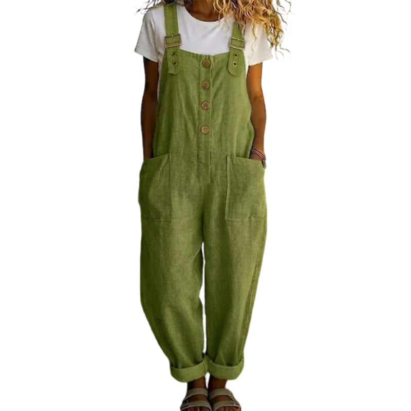 👖JETZT 50 % RABATT! 🌿 Lässige Damen-Latzhose mit Knopfleiste – Verstellbare Träger, atmungsaktives Material & bequeme Passform ✨